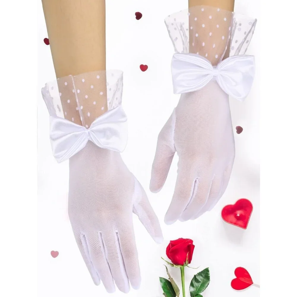 Women's Short White Bow Lace Gloves Tea Party Elegant Opera Wedding Accessories